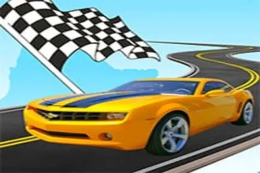 Carro esportivo amarelo com listras azuis em uma estrada sinuosa com bandeira quadriculada ao fundo, representando o jogo de corrida Ace Drift.